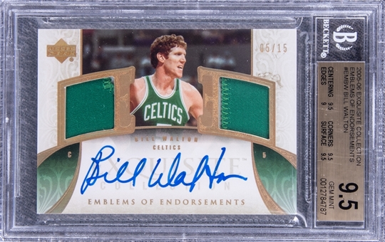 2005-06 UD "Exquisite Collection" Emblems of Endorsements #EMBW Bill Walton Signed Game Used Patch Card (#05/15) - BGS GEM MINT 9.5/BGS 10